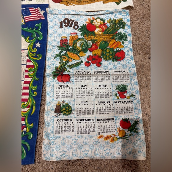 Lot 8 Vintage 60s 70s Linen Calendar Towels Country Farmhouse Folk Kitchen - Picture 12 of 13